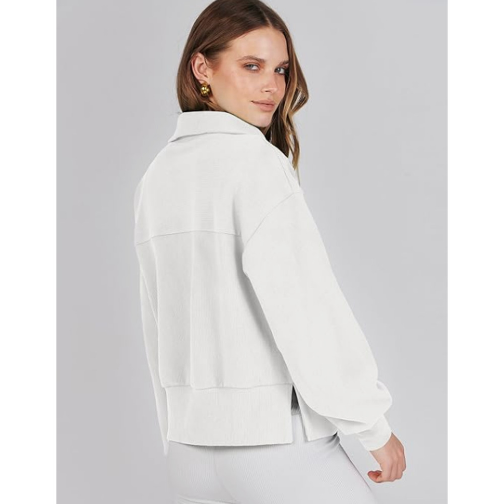 Women's White Ribbed Half Zip Cropped Pullover Sweatshirt Top NWT Size L - Picture 3 of 13